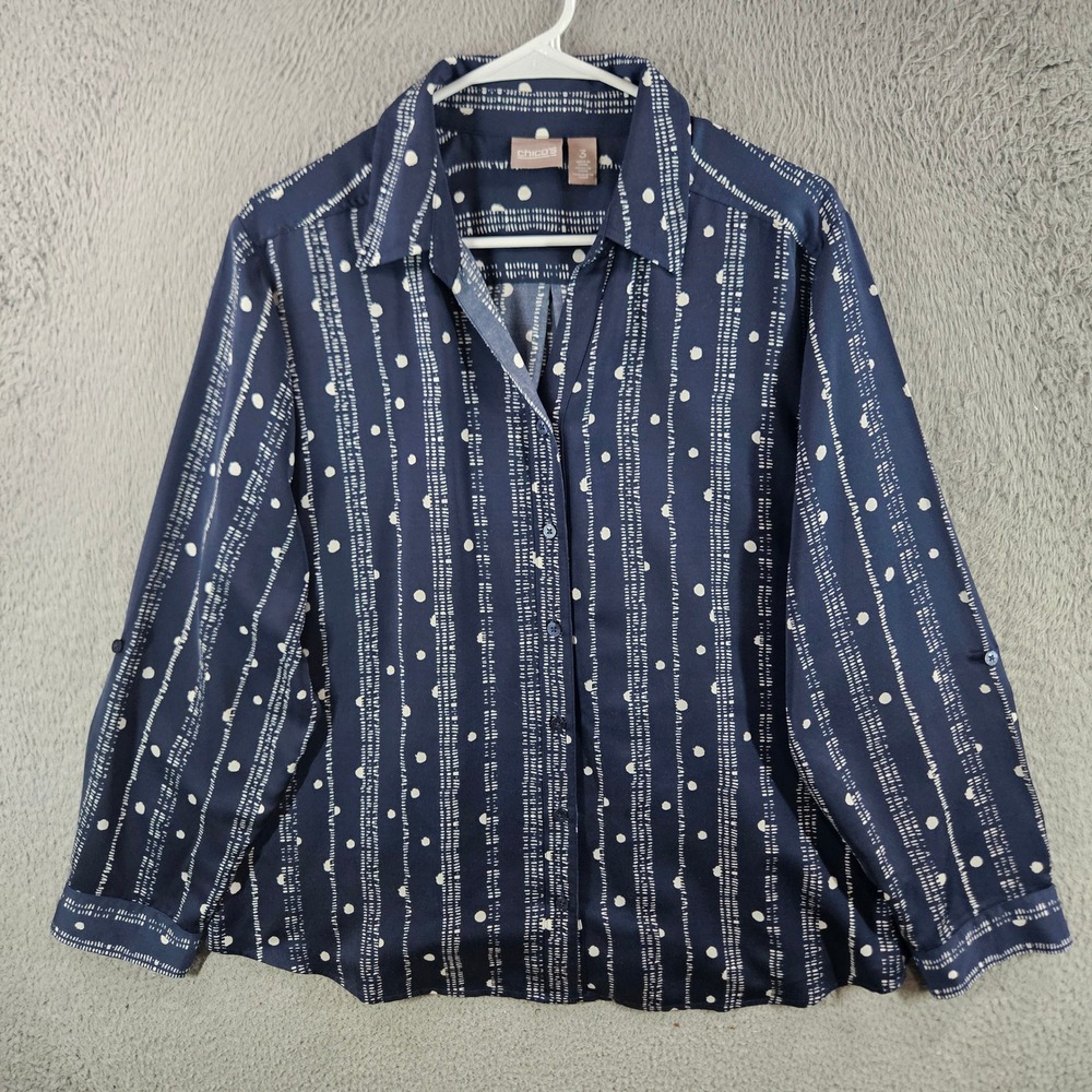 Chicos Navy Blue White Dot Stripe Button Down Roll Tab Sleeve Blouse Womens 3 XL
